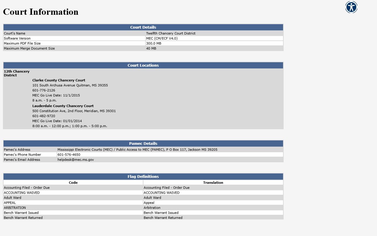 Clarke County court docket flag list on the 12th Chancery MEC information page