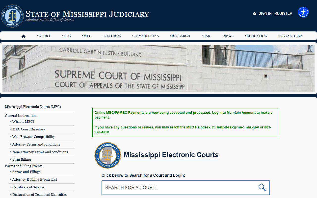 Mississippi Electronic Courts landing page for Clarke County court records