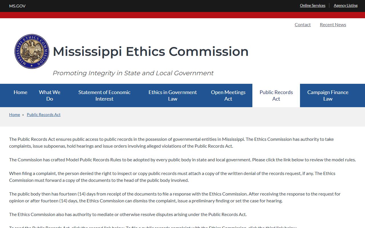 Mississippi Ethics Commission public records page for Clarke County court records