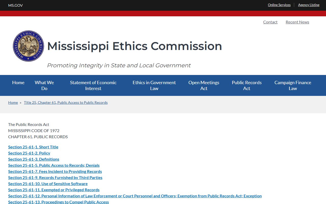 Mississippi Public Records Act page governing Clarke County court records access