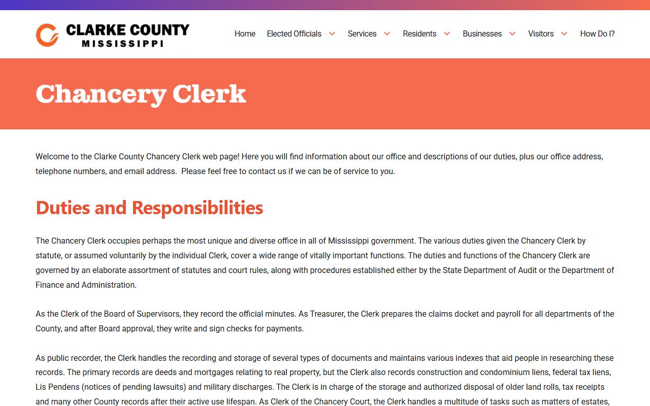 Clarke County Chancery Clerk page with divorce and probate court records