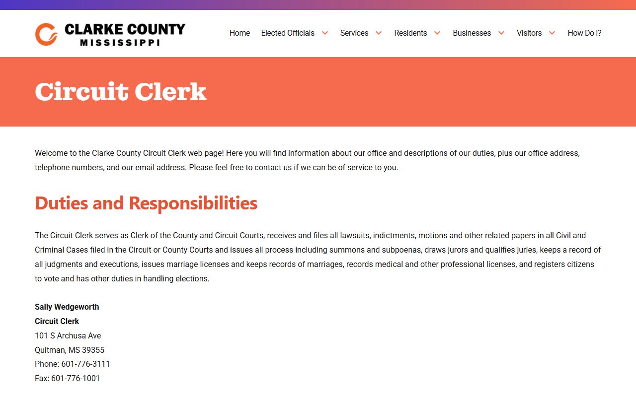 Clarke County Circuit Clerk page describing court records duties