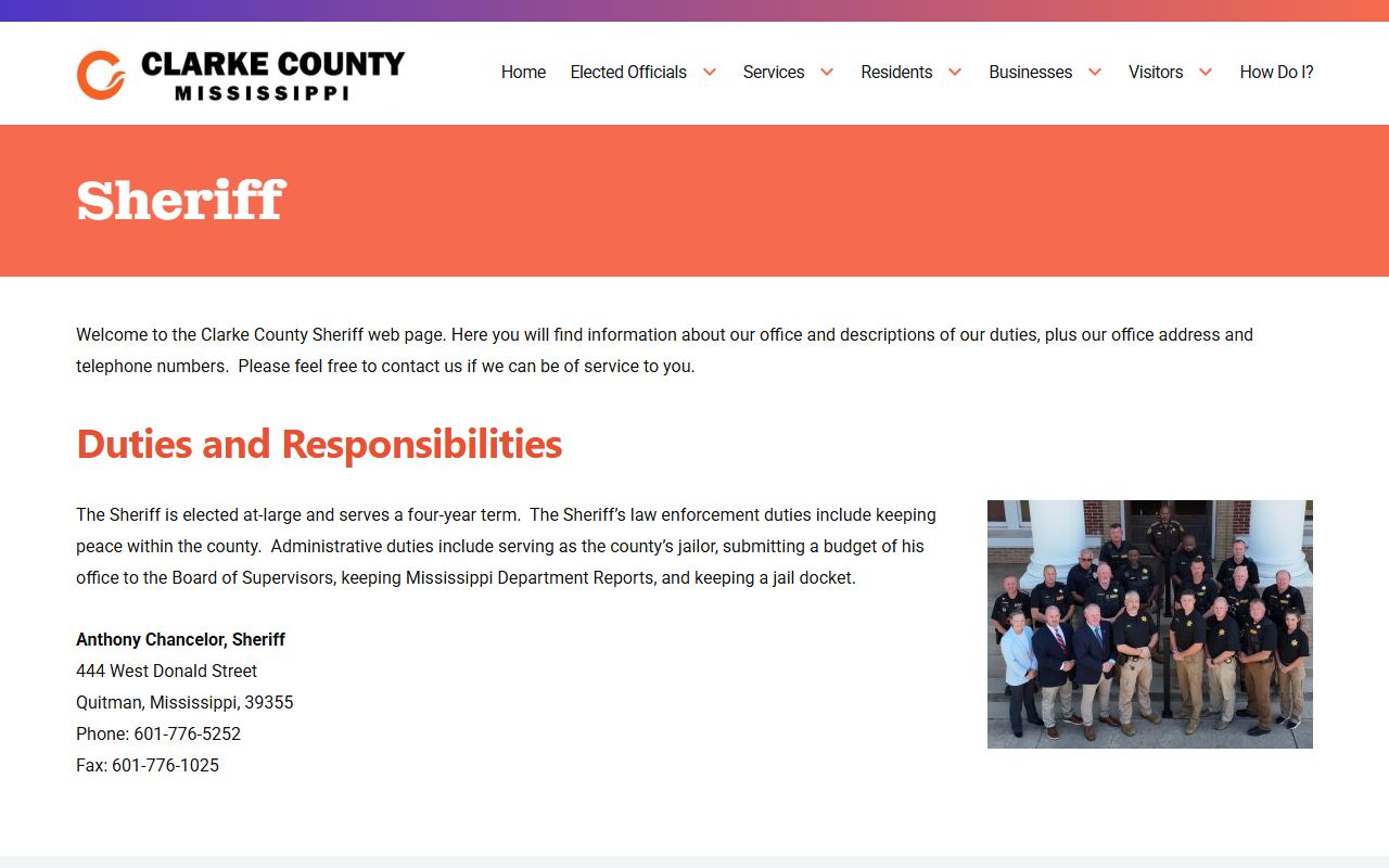 Clarke County Sheriff page with jail docket and arrest record duties
