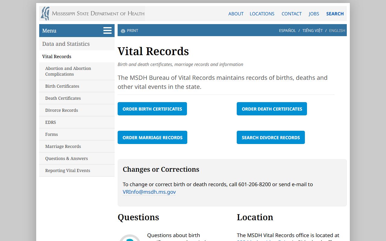 Clarke County marriage and divorce records on the Mississippi MSDH vital records landing page