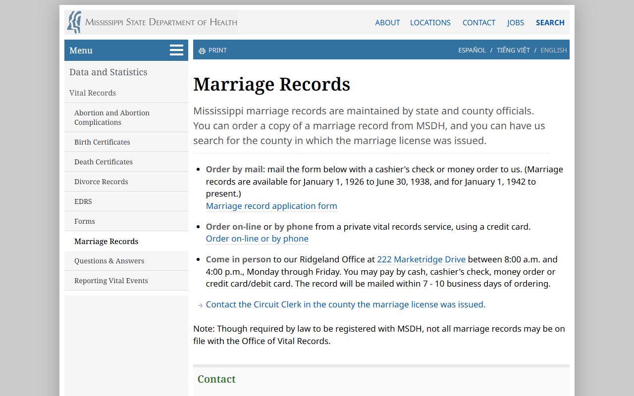 Clarke County marriage records ordering through the Mississippi MSDH marriage records page