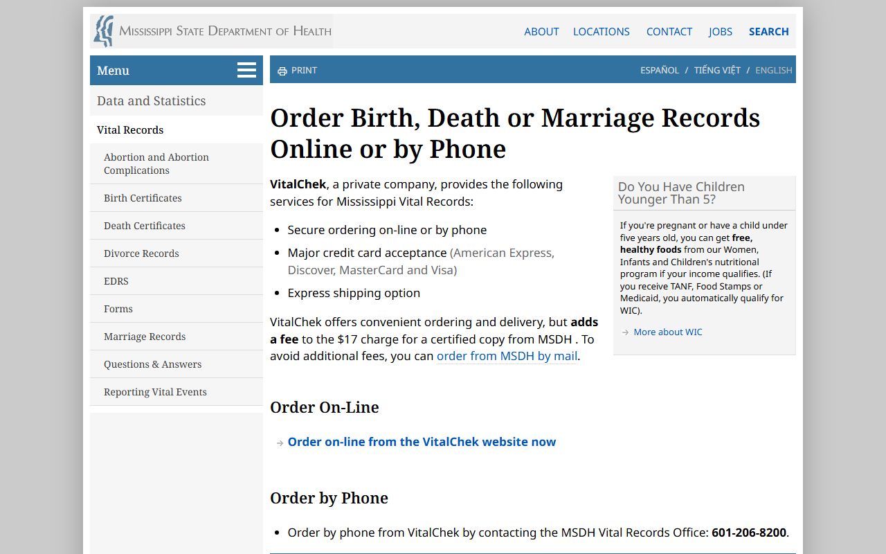 Clarke County marriage records online and phone ordering through the MSDH VitalChek page